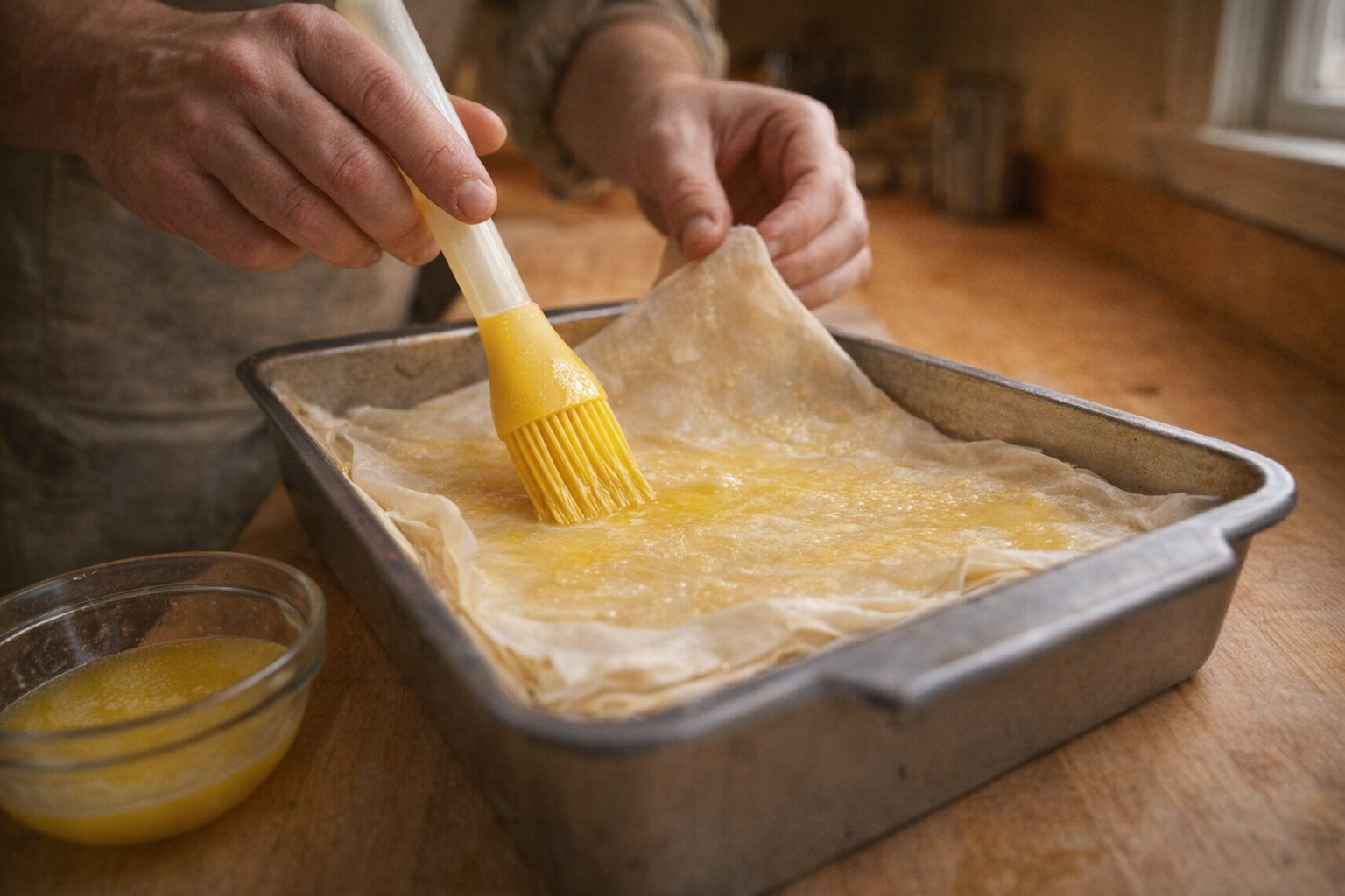 A close-up action shot of layering phyllo dough in a baking pan, brushing each layer with melted butter. Warm, golden lighting, shallow depth of field.